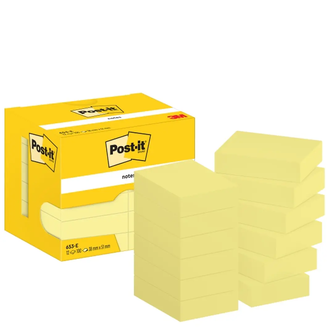 Post-It Pack de 12 Blocs de 100 Notas Adhesivas Reposicionables 38x51mm - Forma Rectangular - Caja Dispesandora - Color Amarillo Claro 1