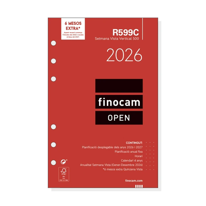 Finocam R599C Recambio Anual 2026 para Agendas Open 2026 en Catalan - Formato 500 - 117x8x181mm - Semana Vista en Vertical - Color Blanco 1