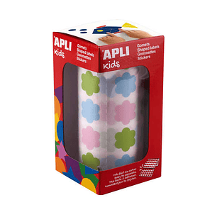 Apli Kids Rollo de 900 Gomets con Forma de Flor - Adhesivo Base Agua - Libre de Disolventes - Materiales 100% Reciclables - Colores Azul, Verde y Rosa