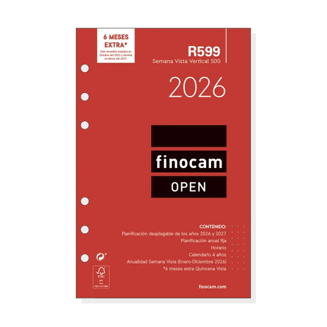 Finocam R599 Recambio Anual 2026 para Agendas Open 2026 - Formato 500 - 117x8x181mm - Semana Vista en Vertical - Color Blanco 1