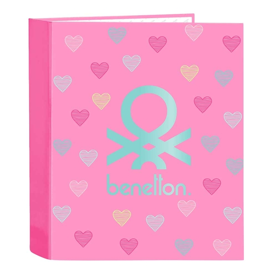 Safta Benetton Heart Carpeta con 4 Anillas 40mm - Tapas Duras Forradas - Formato Folio - 270x60x330mm - Color Rosa 1
