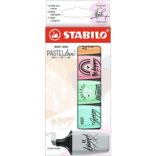 Stabilo Boss Mini Pastellove Pack de 5 Marcadores Fluorescentes - Trazo entre 2 y 5mm - Tinta con Base de Agua - Antisecado - Colores Rosa, Naranja, V