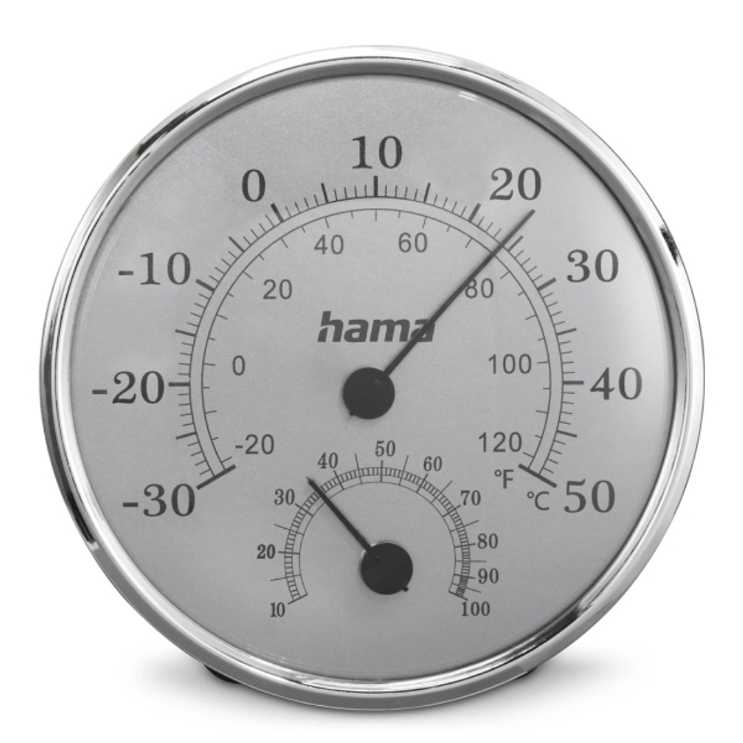 Hama Saipan Medidor de Temperatura y Humedad para Interior - Analogico - Permite Colgar en Pared - Acero Inoxidable - 12.5x2.5x12.5cm - Color Plata 1