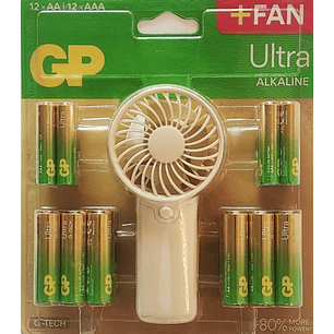 GP Ultra Alcalina Pack de 12 Pilas AAA + 12 Pilas AA + Ventilador de Mano de Regalo