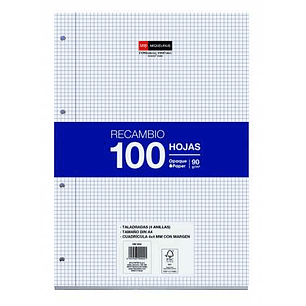 Miquel Rius Recambio Formato A4 - 100 Hojas Sueltas de 90gr con 4 Taladros - Cuadricula 4x4 con Margen