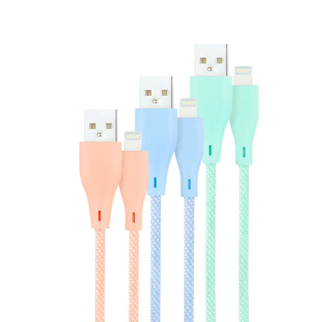 Nanocable Pack de 3 Cables Mallados USB-A Macho a Lightning Macho - Longitud 1m - Colores Pastel Rosa, Verde y Azul 1