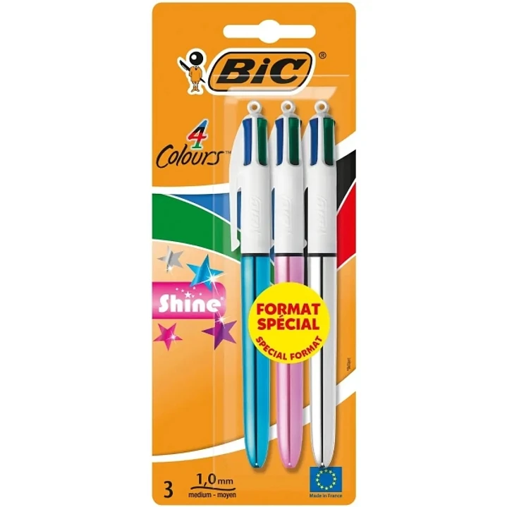 Bic 4 Colours Shine Pack de 3 Boligrafos de Bola Retractil - Punta de 1mm - Trazo de 0.4mm - Tinta con Base de Aceite - Cuerpo Oro/Blanco - 4 Colores 1