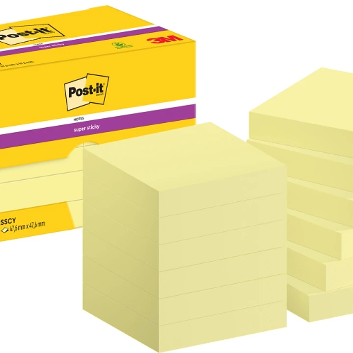 Post-It Super Sticky Pack de 12 Blocs de 90 Pack de 12 Blocs de 90 Notas Adhesivas Reposicionables - 47.6x47.6mm - Color Amarillo Claro 1