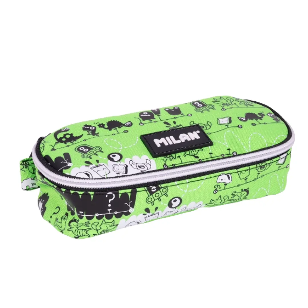 Milan Tandem 2 Estuche Portatodo - Ovalado - Cierre con Cremallera - Malla Interior - 20.5x9x5.5cm - Color Verde 1