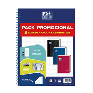 Oxford Europeanbook 1 Classic Pack de 3 Cuadernos Espiral Formato A4+ Cuadriculado 5x5mm - 80 Hojas 90gr - Tapa Extradura Tacto Suave - Recuadro de Co