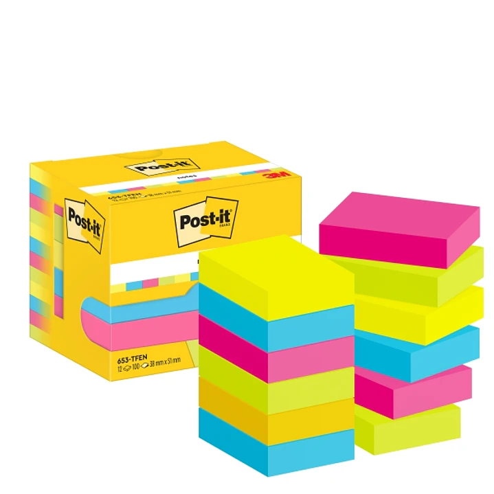 Post-It Pack de 12 Blocs de 100 Notas Adhesivas Reposicionables 38x51mm - Forma Rectangular - Caja Dispensadora - Colores Surtidos 1
