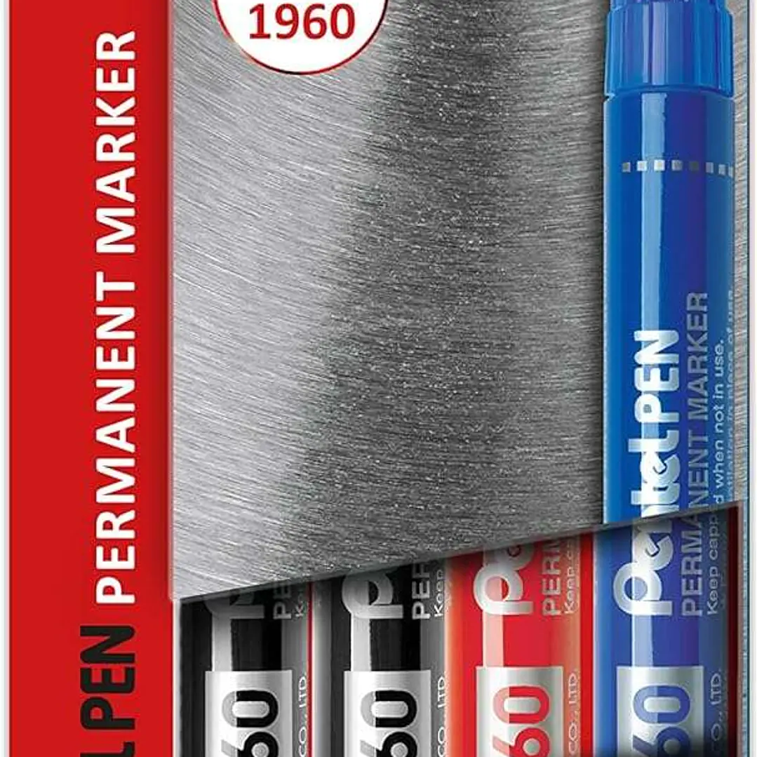 Pentel PenTools Pack de 4 Rotuladores Permanentes Industriales Pentel Pen N60 - Punta Biselada Resistente y Duradera - Trazo 1,5-7mm - Resistente a Ag 1