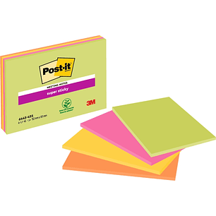 Post-It Super Sticky Pack de 4 Blocs de 45 Notas Adhesivas Reposicionables - Forma Rectangular - 101x152mm - Colores Surtidos