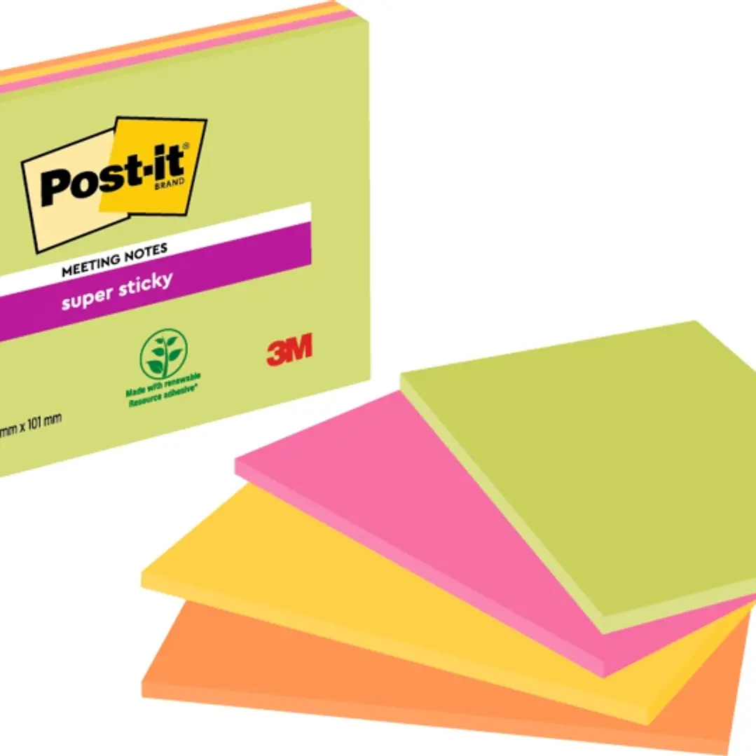 Post-It Super Sticky Pack de 4 Blocs de 45 Notas Adhesivas Reposicionables - Forma Rectangular - 101x152mm - Colores Surtidos 1