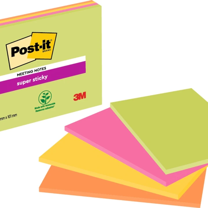 Post-It Super Sticky Pack de 4 Blocs de 45 Notas Adhesivas Reposicionables - Forma Rectangular - 101x152mm - Colores Surtidos 1