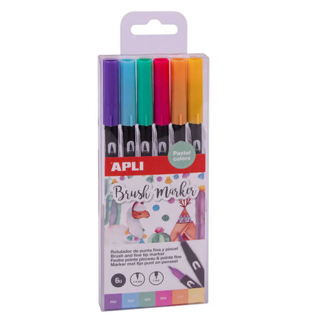 Apli Brush Marker Pack de 6 Rotuladores Acuarelables de Doble Punta - Punta Pincel de 1-4mm y Punta Redonda de 1mm - Tinta Base de Agua Inodora y No T 1
