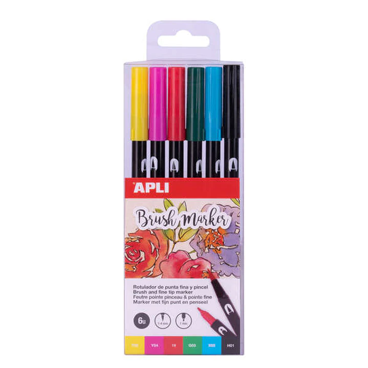 Apli Brush Marker Pack de 6 Rotuladores Acuarelables de Doble Punta - Punta Pincel de 1-4mm y Punta Redonda de 1mm - Tinta Base de Agua Inodora y No T 1