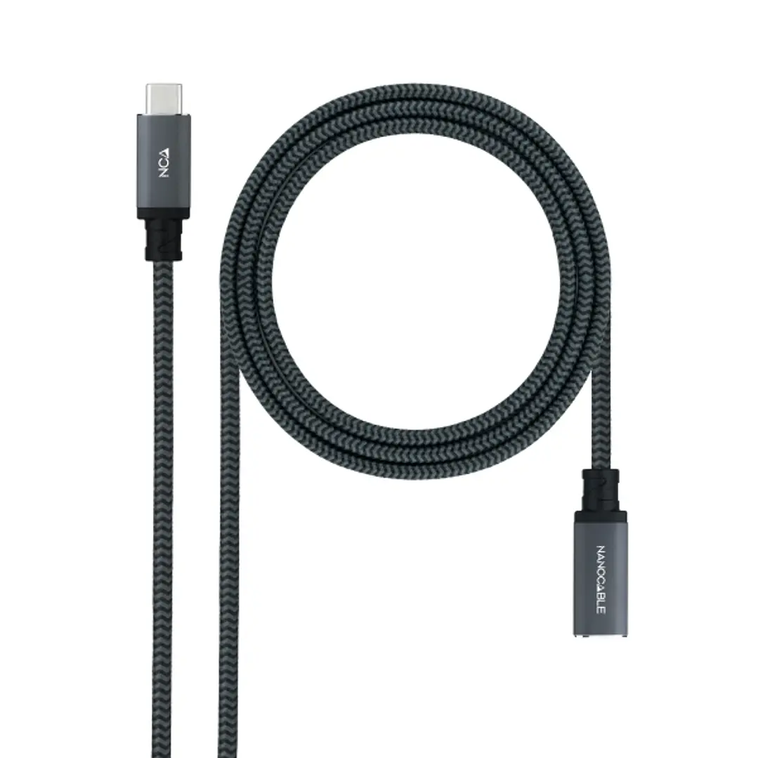 Nanocable Cable Prolongador USB-C 3.2 Macho a USB-C 3.2 Hembra - Gen2x2 20Gbp - 100W 5A - 4K 60Hz - 0.5 Metros - Mallado - Color Negro 1