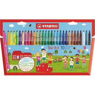 Stabilo Trio A-Z Pack con 30 Rotuladores de Punta Fina de Fibra - Trazo 0.7mm - Tinta Lavable - Zona de Agarre Triangular - Colores Surtidos