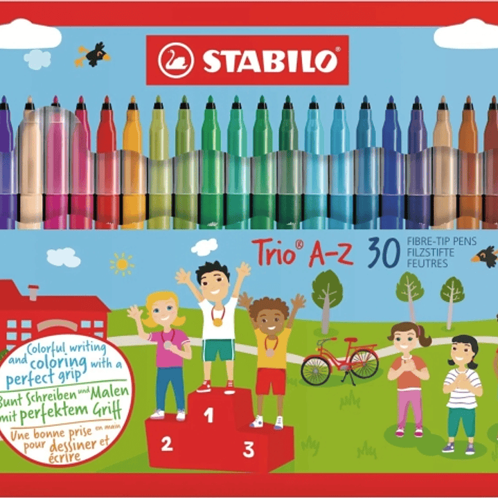 Stabilo Trio A-Z Pack con 30 Rotuladores de Punta Fina de Fibra - Trazo 0.7mm - Tinta Lavable - Zona de Agarre Triangular - Colores Surtidos 1