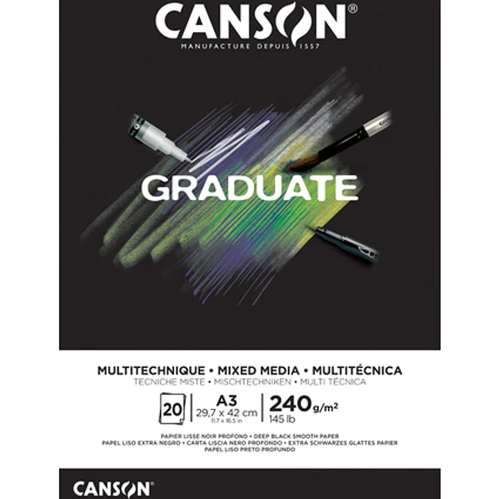 Canson Graduate Mix Media Bloc Encolado de 20 Hojas A3 - 240g - Grano Fino - Color Negro 1
