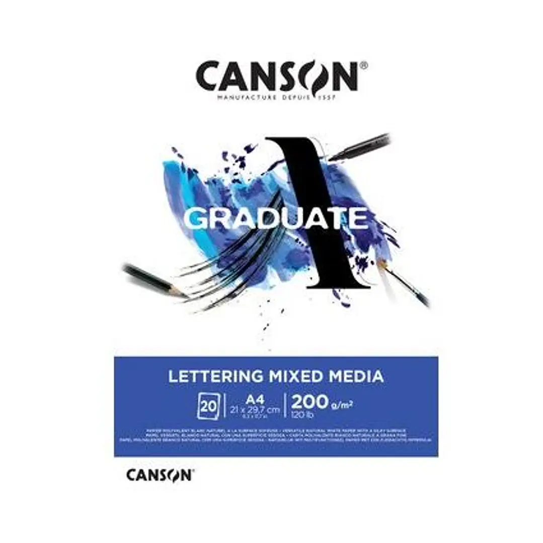 Canson Graduate Lettering Multitecnica Bloc Encolado de 20 Hojas A3 de 200g - Satinado - Color Blanco 1