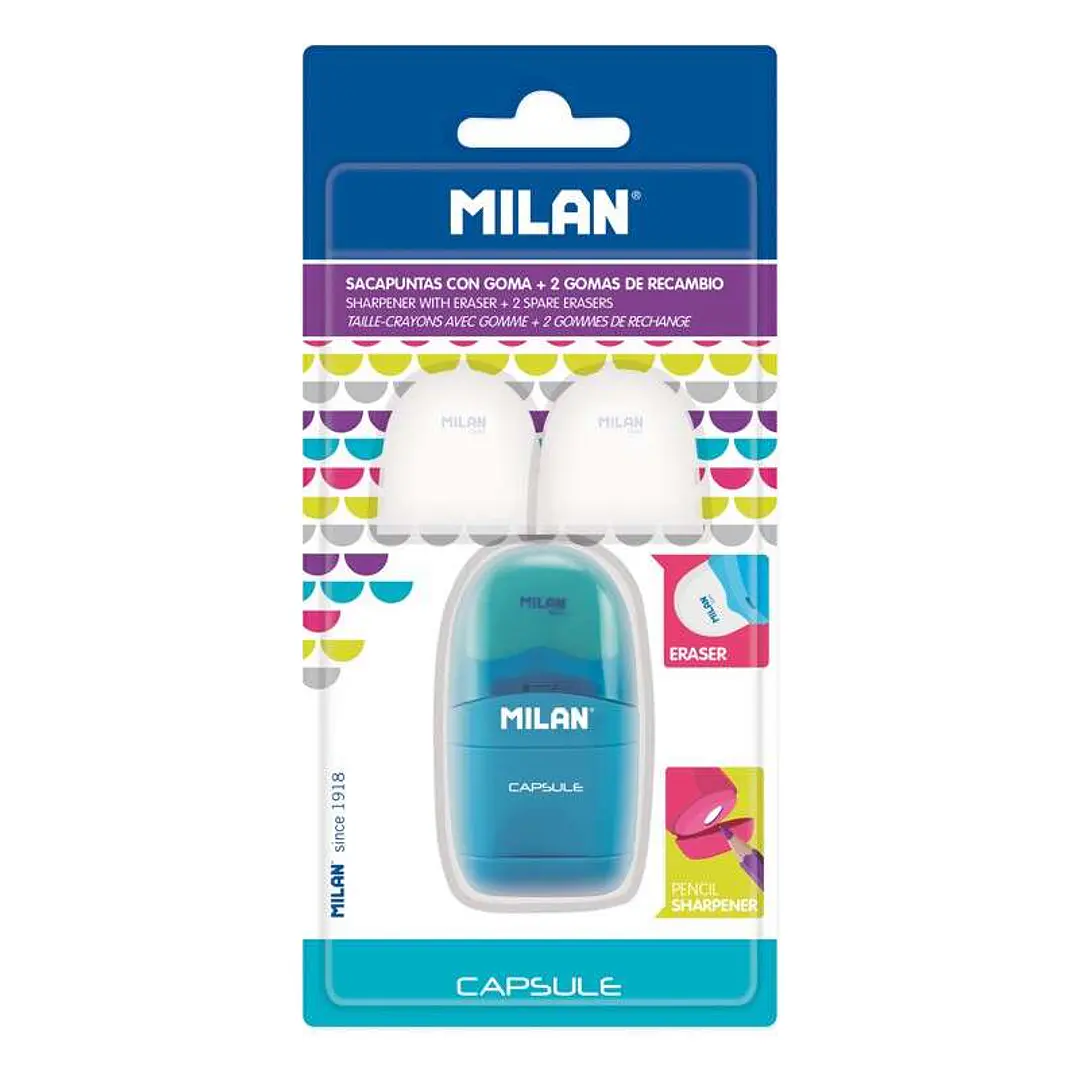 Milan Capsule Blister Afilaborras - Sacapuntas y Goma de Borrar + 2 Gomas de Borrar de Recambio - Cuchilla de Acero al Carbono - Para todo tipo de Lap 1