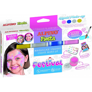 Alpino Fiesta Festival Pack de 4 Botes de Maquillaje Liquido de Diferentes Colores + Pincel + Guia de Ideas - Se Lava con Agua - Testado Dermatologica