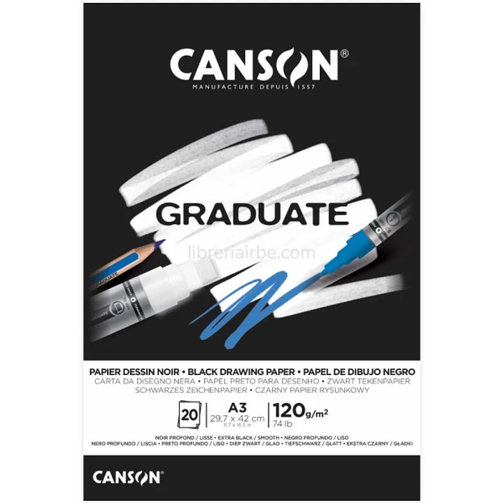Canson Graduate Black Bloc Encolado de 20 Hojas A3 - 120g - Grano Fino - Color Negro 1