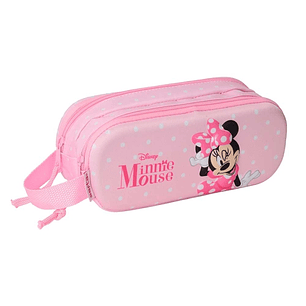 Safta Minnie Mouse Estuche Portatodo 3D de 1L - 2 Compartimentos - Cierre de Cremallera - Asa de Mano - 21x8x6cm - Color Rosa Pastel