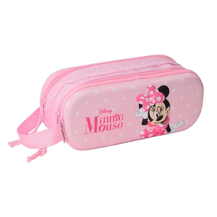 Safta Minnie Mouse Estuche Portatodo 3D de 1L - 2 Compartimentos - Cierre de Cremallera - Asa de Mano - 21x8x6cm - Color Rosa Pastel 1