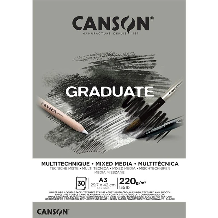 Canson Graduate Mix Media Bloc Encolado de 30 Hojas A3 - 220g - Grano Fino - Color Gris 1