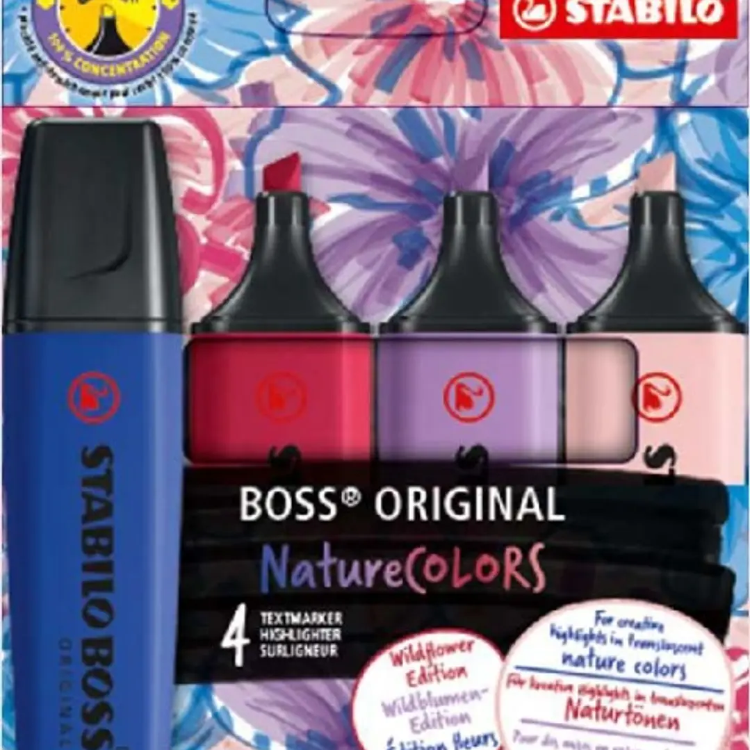Stabilo Boss Naturecolors Wildflower Edition Pack de 4 Marcadores - Trazo entre 2 y 5mm - Tinta con Base de Agua - Colores Azul Marino, Colorete, Lila 1