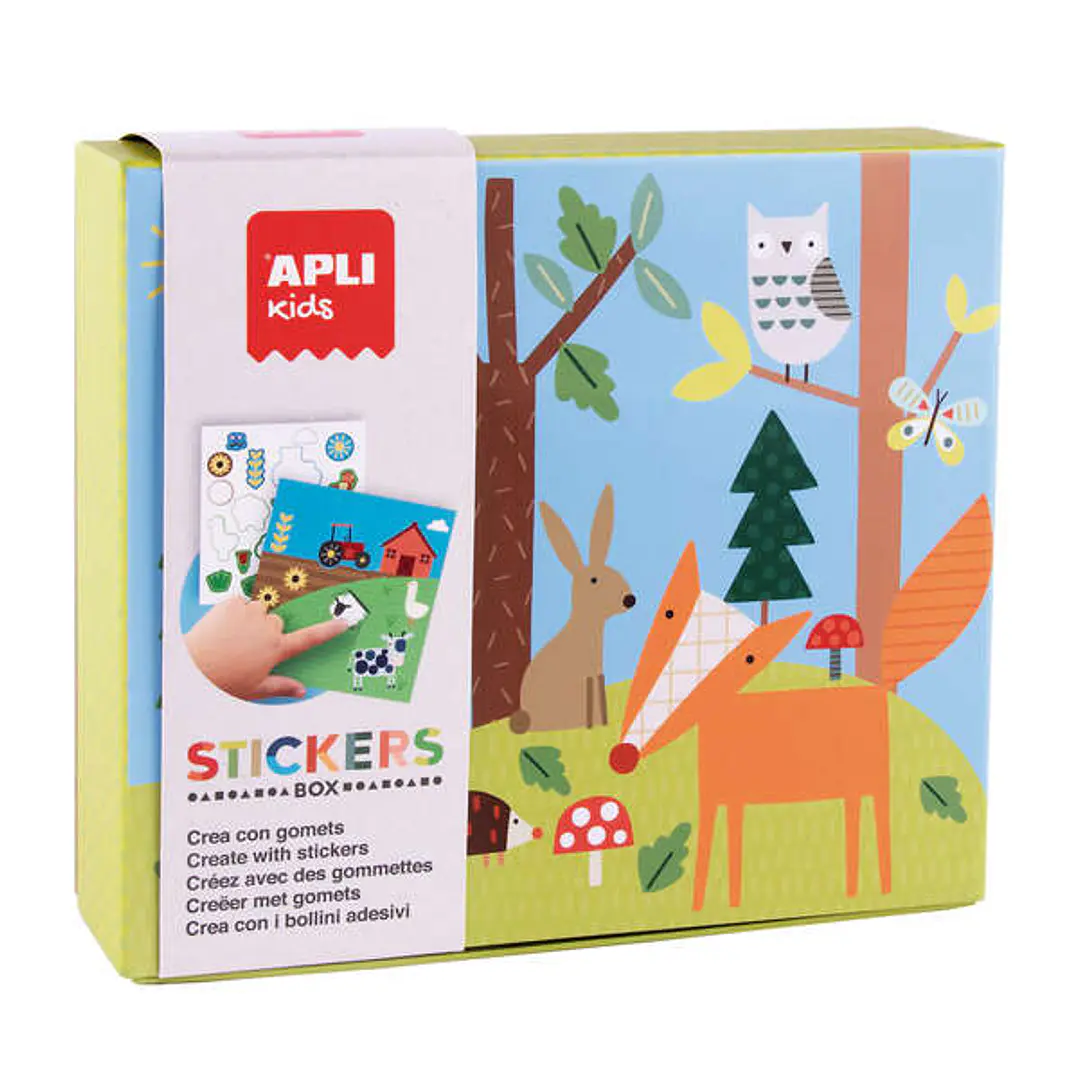 Apli Juego de Gomets Bosque - 8 Laminas Ilustradas de 200G - Gomets Removibles Geometricos en Distintos Colores - Libro Guia con Ejemplos en Color - A 1