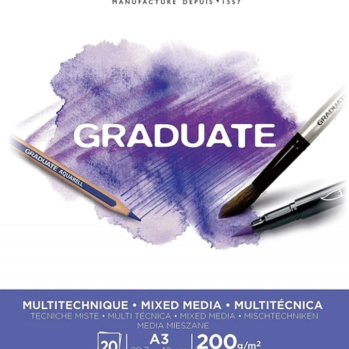 Canson Graduate Mix Media Bloc Encolado de 20 Hojas A3 de 200g - Grano Fino - Color Blanco 1