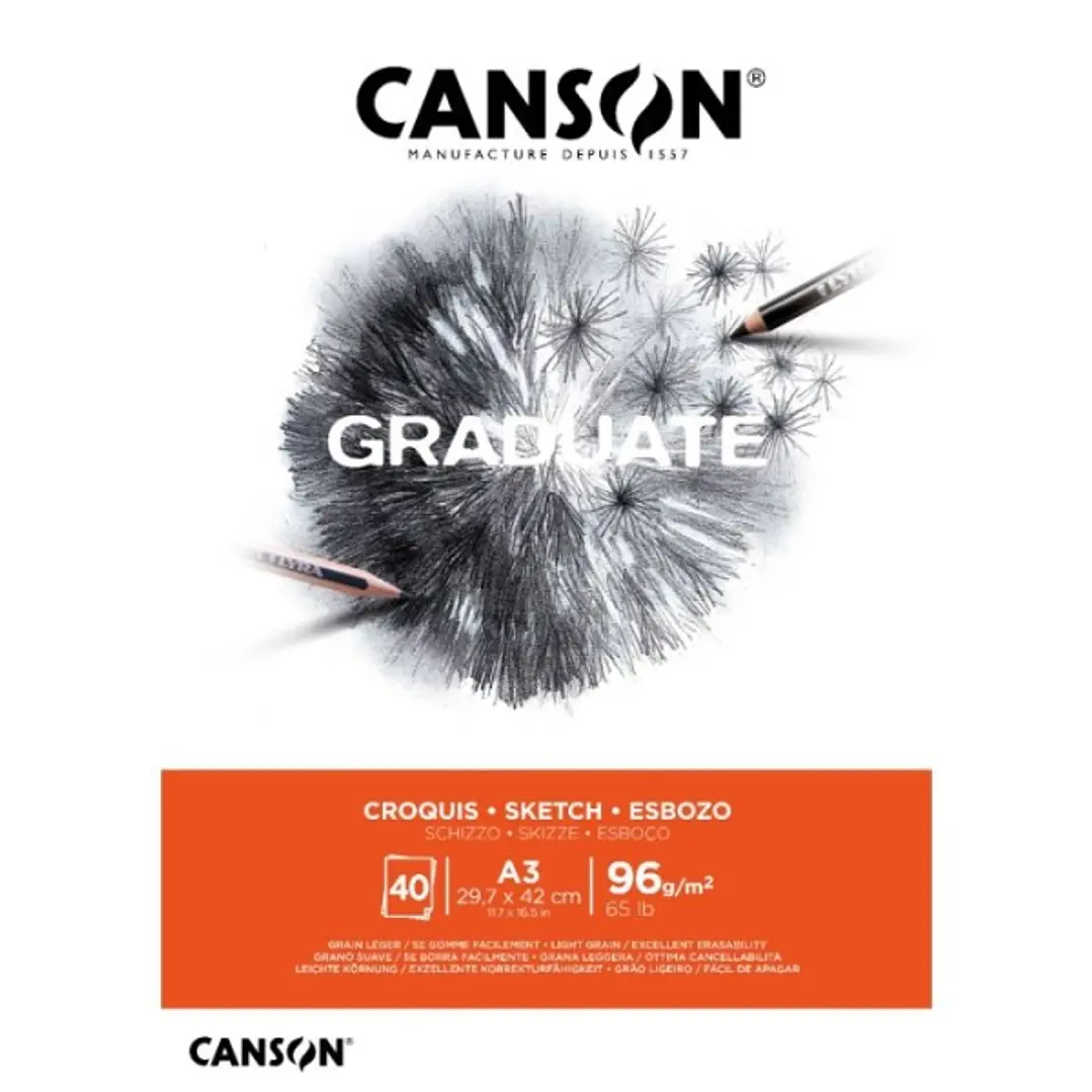 Canson Graduate Sketch Bloc Encolado de 40 Hojas A3 - 96g - Grano Fino - Color Blanco 1