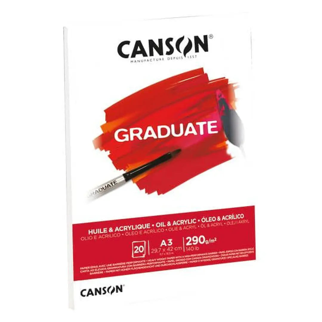 Canson Graduate Oleo & Acrilico Bloc Encolado de 20 Hojas A3 - 290g - Grano Fino - Color Blanco 1