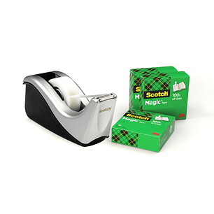 Scotch Magic Dispensador de Cinta Adhesiva - Para Cintas de hasta 19mm x 33m - Incluye 4 Cintas Adhesivas - Color Negro/Plata