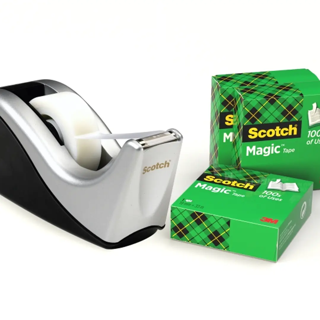 Scotch Magic Dispensador de Cinta Adhesiva - Para Cintas de hasta 19mm x 33m - Incluye 4 Cintas Adhesivas - Color Negro/Plata 1