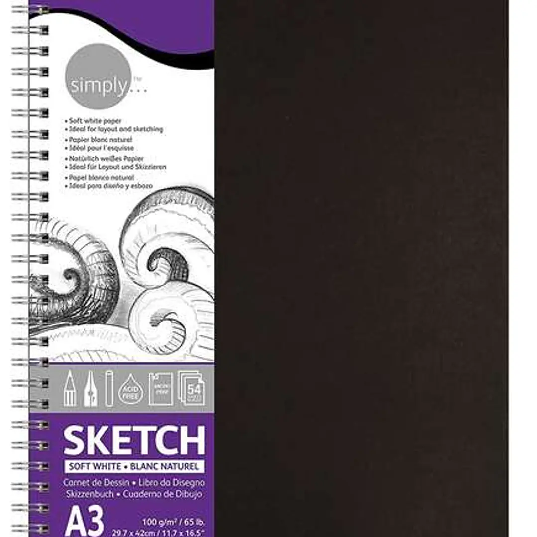 Daler Rowney Simply Cuaderno de Dibujo A3 - Cubierta Rigida con Encuadernacion en Espiral 100g/m2 - Color Blanco 1