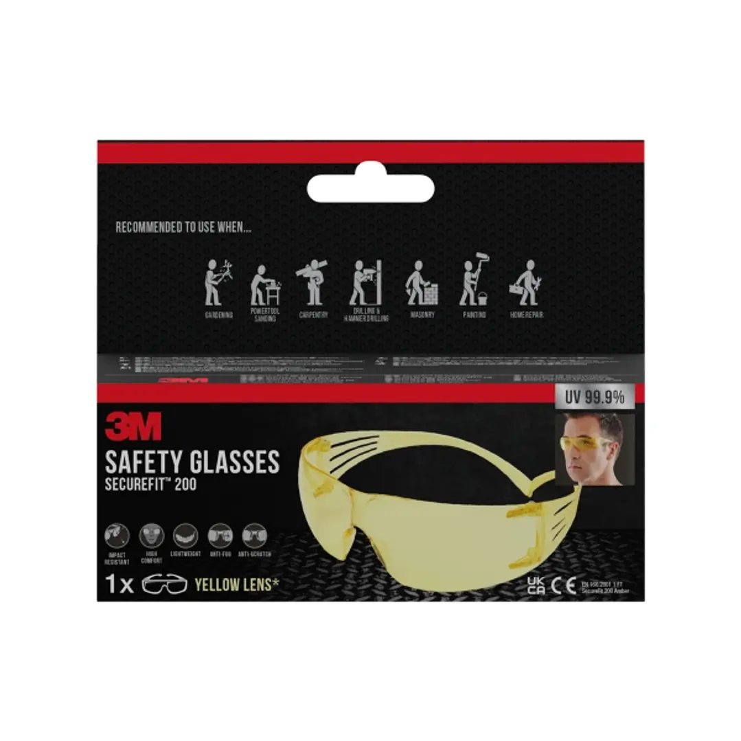 3M Securefit Gafas de Seguridad - Lentes Amarillas - Mejor Contraste en Poca Luz - Antivaho - Antirrayaduras - Proteccion UV - Color Amarillo Claro 1
