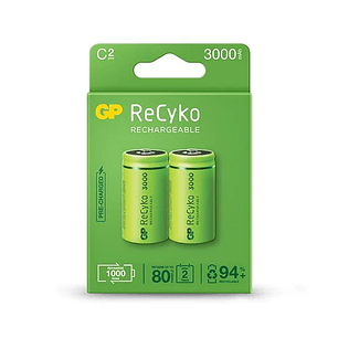 GP ReCyko Pack de 2 Pilas Recargables 3000mAh C 1.2V - Precargadas - Ciclo de Vida: Hasta 1000 Veces
