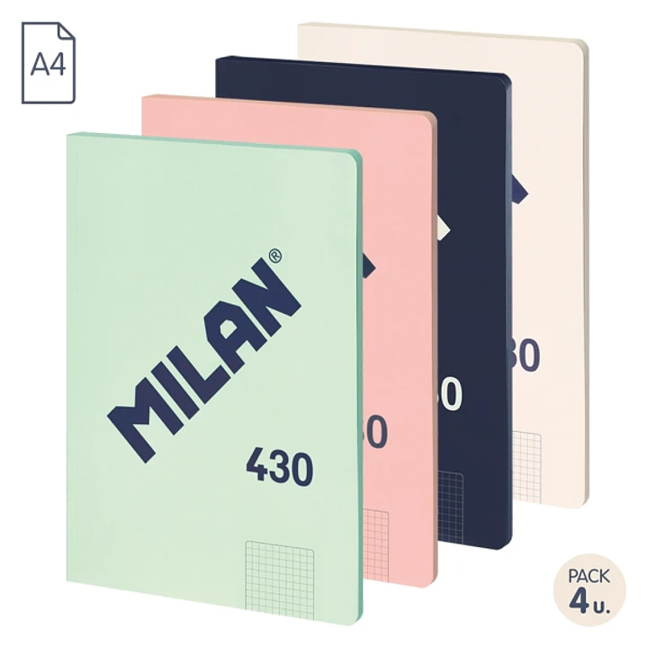 Milan 430 Since 1918 Pack de 4 Libretas A4 Encoladas - Cuadricula 5x5mm - 48 Hojas de 95g - Colores Surtidos 1