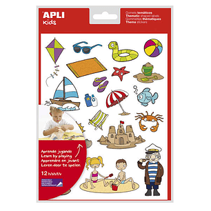 Apli Gomets Tematicos la Playa - 264 Gomets en 12 Hojas - Ilustraciones de Animales y Objetos de la Playa - Adhesivo Removible - Ideal para Escuelas -