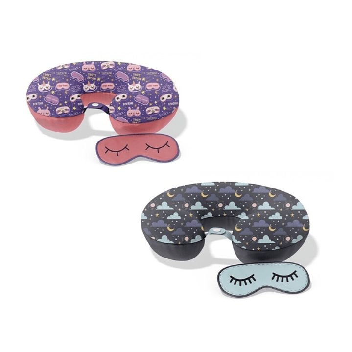 Lagart Almohada Cervical de Viaje + Antifaz - Material Spandex + Foam - Funda Lavable - 2 Diseños Surtidos 1