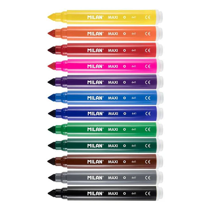 Milan Pack de 12 Rotuladores Maxi - Punta Conica 7.5mm - Tinta al Agua - Lavable - Colores Surtidos 1