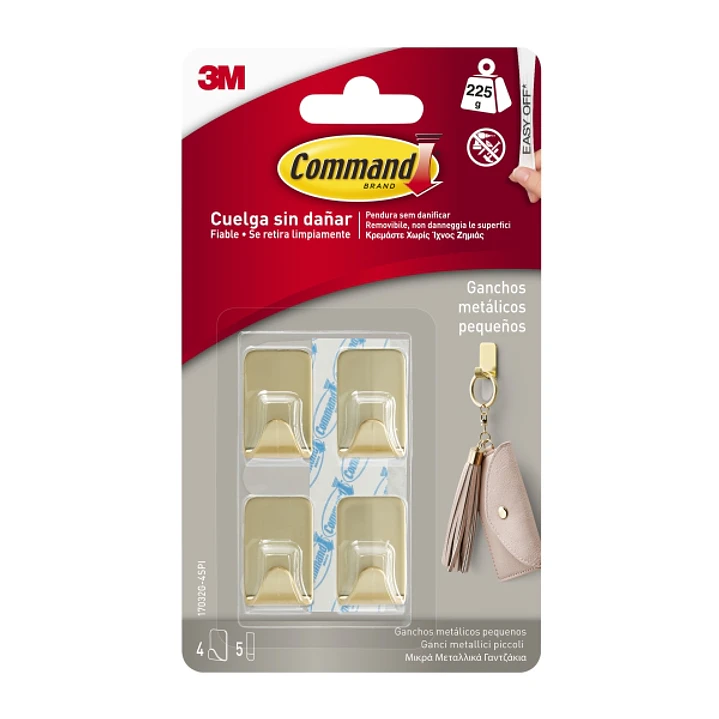 Command Pack de 4 Ganchos Compactos - Metalizado - 5 Tiras Adhesivas - Soporta hasta 225G - Talla S - Color Dorado 1