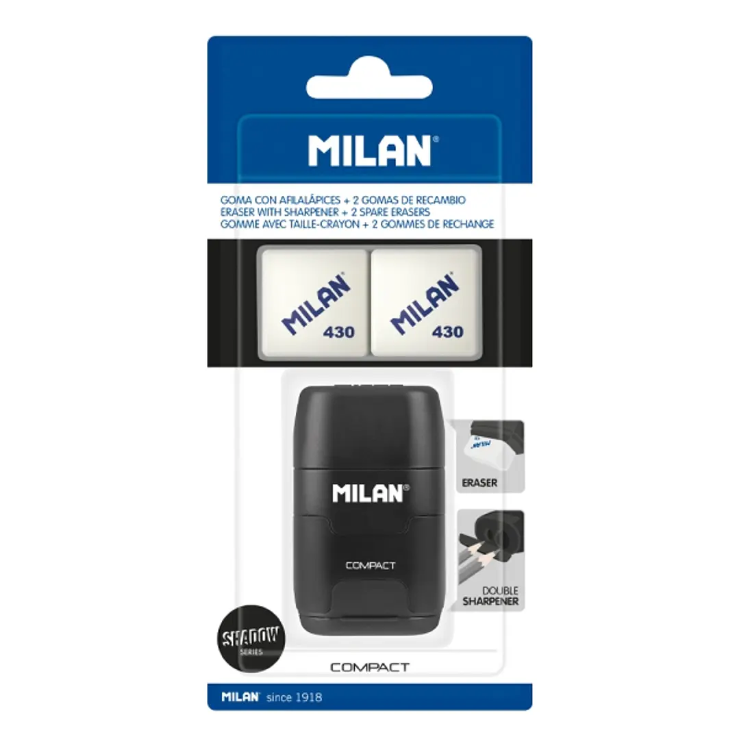 Milan Compact Shadow Afilaborra - 2 Gomas de Recambio - Cuchilla de Acero de Seguridad - Doble Agujero para Normal y Maxi - Color Negro 1