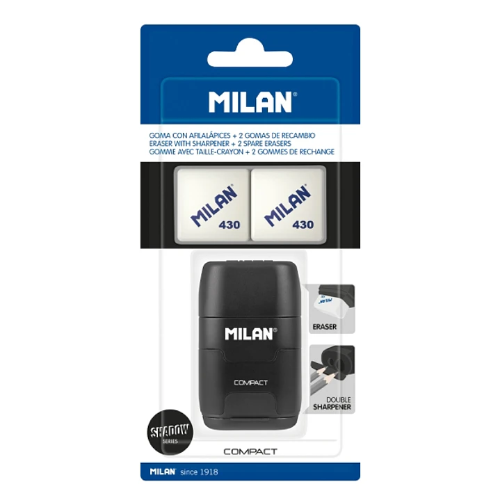 Milan Compact Shadow Afilaborra - 2 Gomas de Recambio - Cuchilla de Acero de Seguridad - Doble Agujero para Normal y Maxi - Color Negro 1