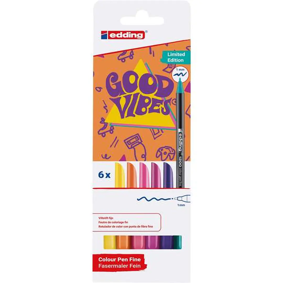 Edding 1200 Good Vibes Pack de 6 Rotuladores - Punta Redonda - Trazo 1mm - Tinta con Base de Agua - Colores Surtidos 1
